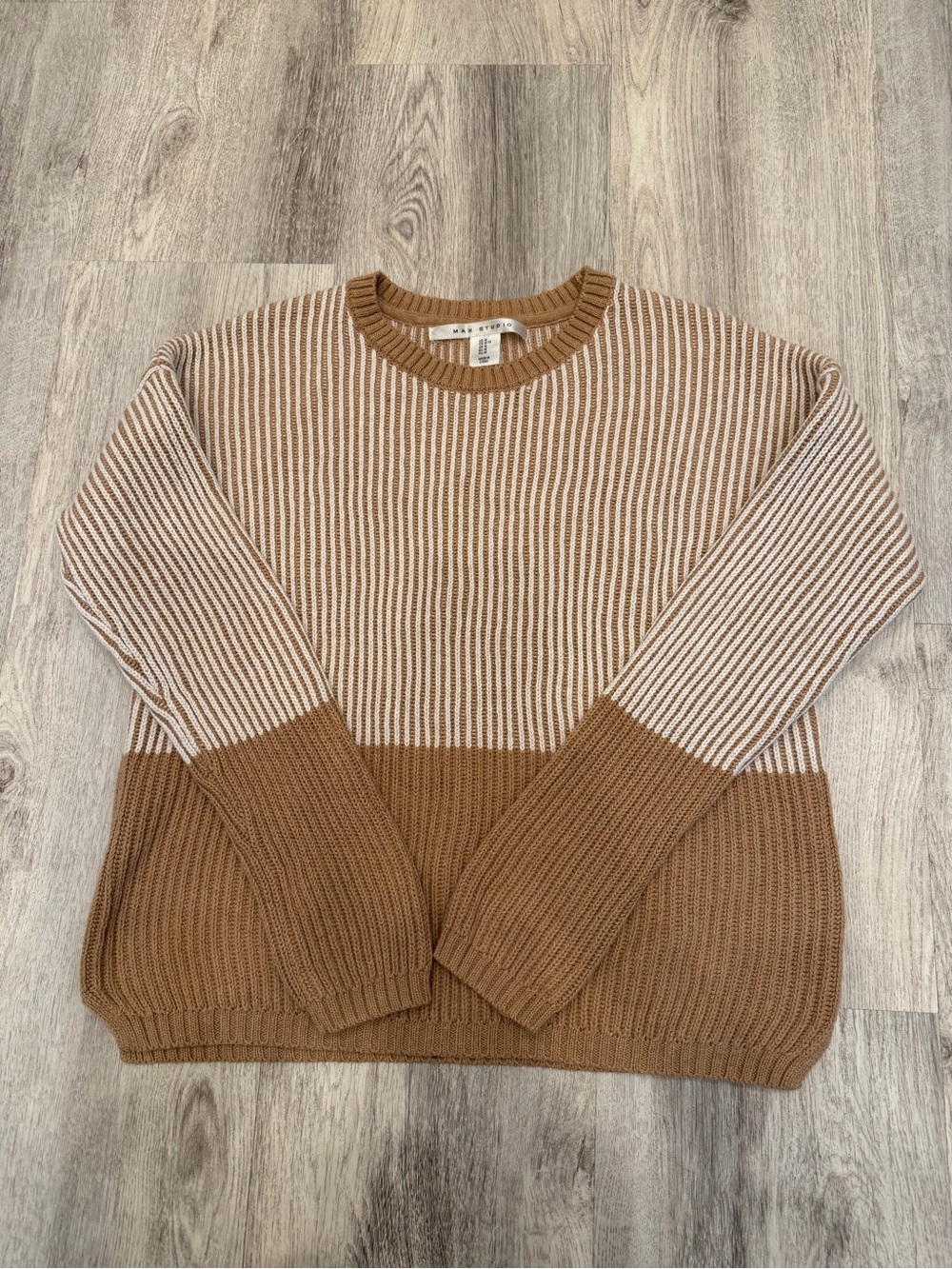 Max Studio Brown Cream Striped Knit Crewneck Sweater Size M